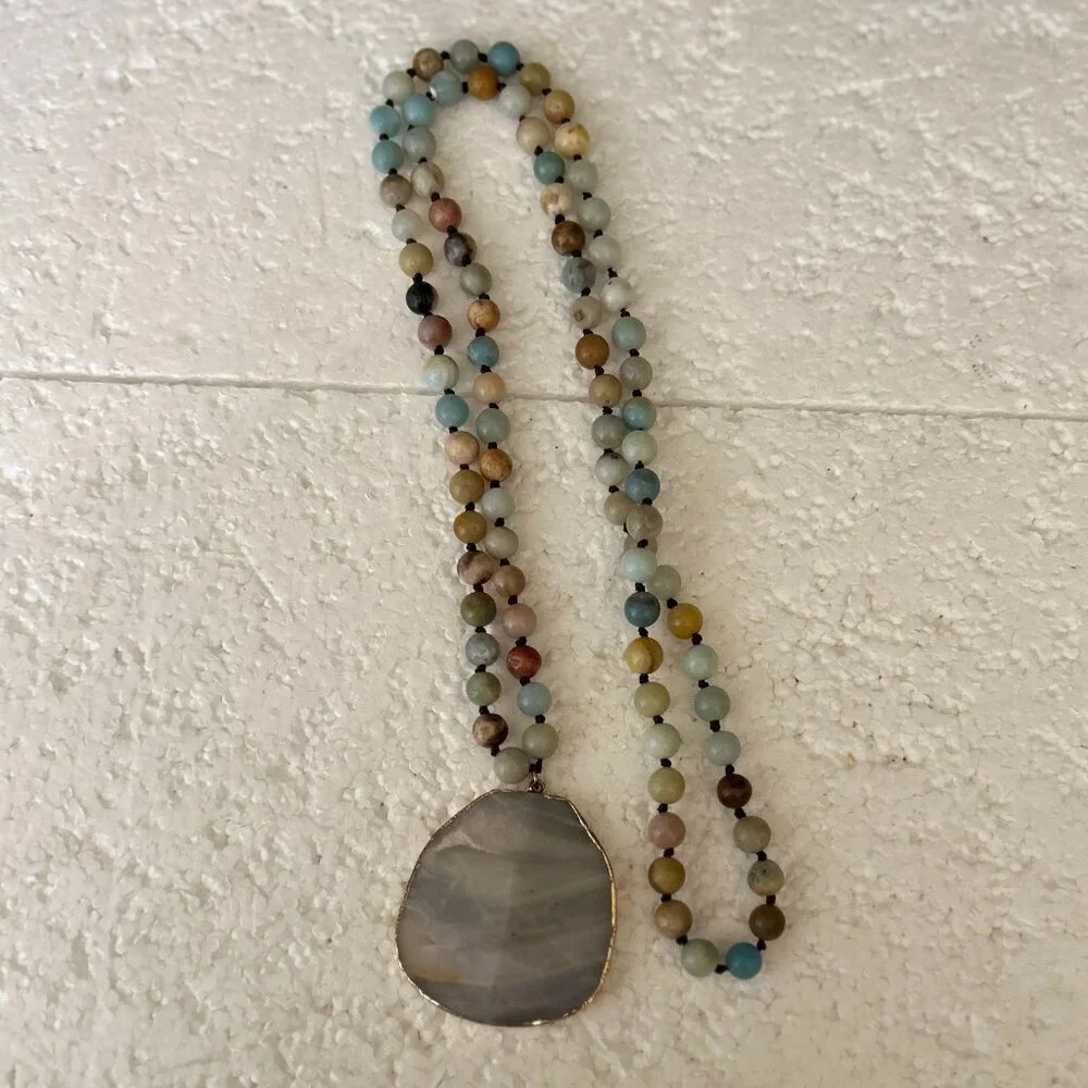 Stone Agate Multi Color Beaded Blue Gray Medallion Necklace Artsy Boho Festival